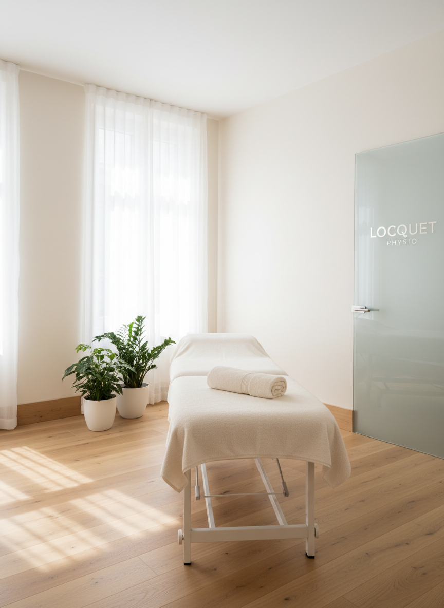 A bright, modern physiotherapy treatment room in Geneva-style minimalism, with a single adjustable white treatment table covered in a fresh, neatly folded towel. The walls are a soft warm white, accented by a pale wooden baseboard and a discreet, frosted glass door with the clinic name “Locquet Physio” etched in silver. Large windows with sheer white curtains let in diffused natural daylight, creating gentle, calming shadows on the light oak floor. A few carefully placed plants in simple ceramic pots add a touch of green. Photographic realism, eye-level composition, sharp focus throughout, conveying a serene, professional and welcoming atmosphere suitable for a premium health clinic.