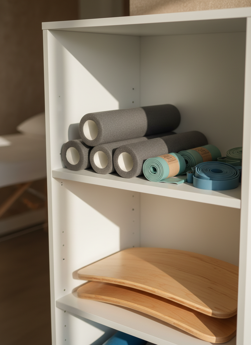 A close-up view of neatly arranged physiotherapy equipment in a warm, contemporary treatment space: soft grey foam rollers, resistance bands in muted blues and greens, and a pair of light wooden balance boards stacked precisely on a white shelving unit. The background shows a blurred glimpse of a treatment table and a soft beige wall. Natural afternoon light filters in from the left, creating subtle highlights on the textured surfaces and gentle shadows between objects. Shot with a shallow depth of field to emphasize the tactile details and hygienic cleanliness. Photographic realism, calm and orderly mood, reflecting a professional yet approachable physiotherapy practice.