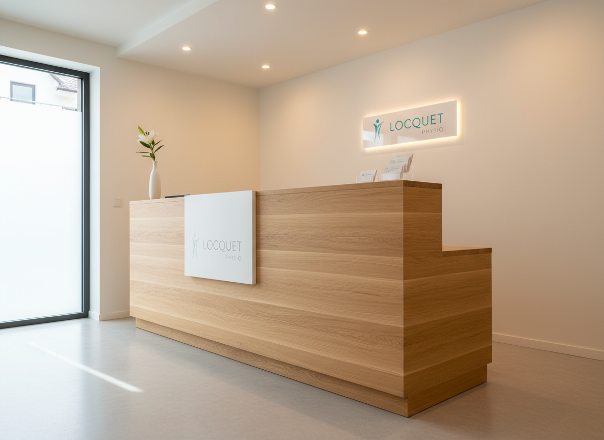 An elegant reception counter for a physiotherapy cabinet in Lancy, crafted from light natural wood with a smooth matte finish and a subtle white front panel bearing a discreet embossed logo of “Locquet Physio”. On the counter sits a small vase with a single white flower and a tidy appointment card holder. Behind, a softly illuminated wall in warm white features a simple backlit sign. Diffused ceiling lights create a calm, even glow, complemented by faint daylight from a nearby window that casts soft reflections on the floor. Photographic realism, slightly wide-angle view, conveying a bright, welcoming and highly professional healthcare environment.