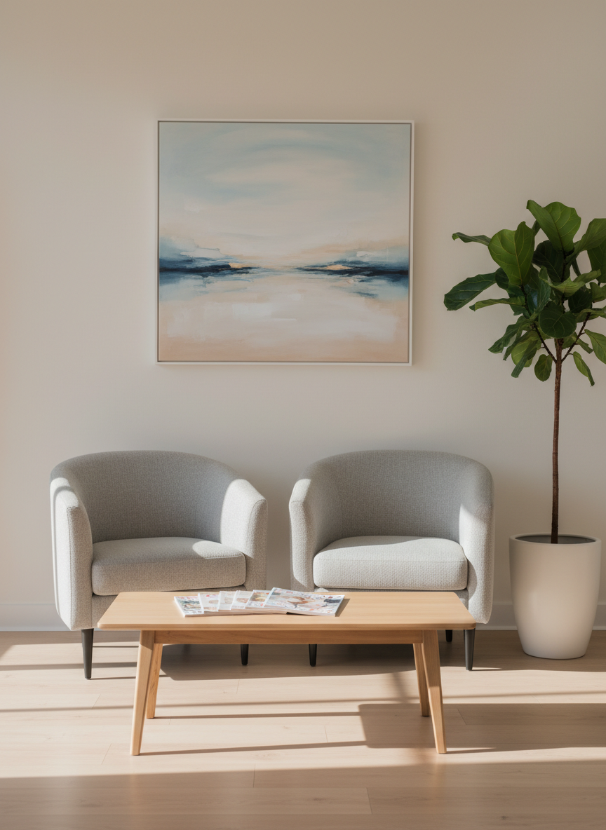 A calming waiting area for a modern physiotherapy clinic, featuring two empty light-grey fabric armchairs with rounded, comforting shapes facing a low, pale wooden coffee table holding a few neatly arranged health magazines. The backdrop is a warm white wall with a single abstract artwork in soothing blue and beige tones. A tall, slender plant in a white ceramic pot stands to the side. Late afternoon natural light enters from a large unseen window, creating soft highlights on the fabric and gentle shadows on the floor. Photographic realism, wide framing, serene and reassuring ambiance suitable for patients before treatment.