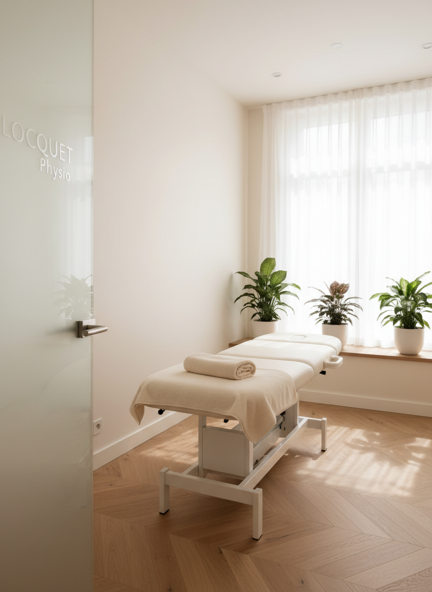 A bright, modern physiotherapy treatment room in Geneva-style minimalism, with a single adjustable white treatment table covered in a fresh, neatly folded towel. The walls are a soft warm white, accented by a pale wooden baseboard and a discreet, frosted glass door with the clinic name “Locquet Physio” etched in silver. Large windows with sheer white curtains let in diffused natural daylight, creating gentle, calming shadows on the light oak floor. A few carefully placed plants in simple ceramic pots add a touch of green. Photographic realism, eye-level composition, sharp focus throughout, conveying a serene, professional and welcoming atmosphere suitable for a premium health clinic.