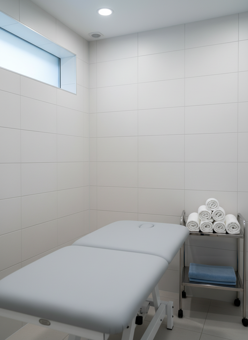A neatly prepared hydrotherapy corner without visible water, showing a pristine white tiled wall with large matte tiles, a height-adjustable therapy table with a waterproof light-grey surface, and rolled white towels stacked symmetrically on a small stainless steel trolley. A folded soft blue blanket adds a gentle color accent. Cool but soft overhead lighting combines with faint natural daylight from a high frosted window, creating a clean, clinical yet non-threatening mood. Photographic realism, eye-level perspective, clear focus and minimal distractions, emphasizing hygiene, precision and patient comfort in a physiotherapy setting.