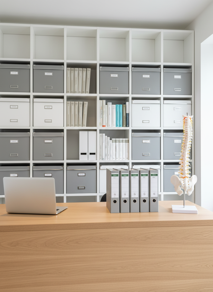 A meticulously organized physiotherapy consultation desk in a contemporary Swiss clinic, featuring a smooth light-wood surface with a closed laptop, a neat stack of patient files, and a minimalist spine model crafted from matte white material. Behind the desk, clean white shelving holds neatly aligned grey and white storage boxes and a few medical reference books. Soft, even overhead lighting blends with natural daylight from an unseen window, creating a bright yet gentle ambiance. The camera is positioned at eye level with a slight angle, capturing depth toward the shelves. Photographic realism with a clean, modern aesthetic, emphasizing professionalism, clarity and a calm, reassuring mood.