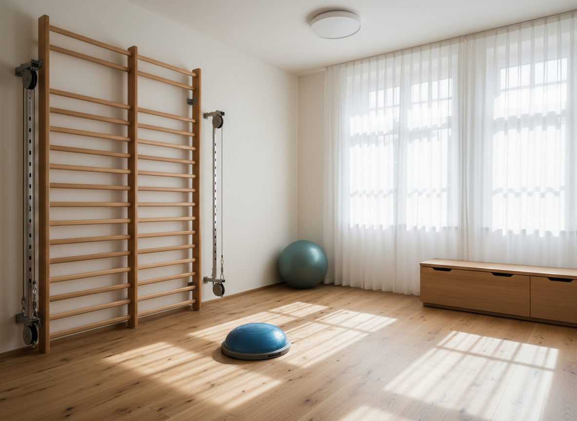 A spacious rehabilitation corner designed for physiotherapy, featuring a sleek wooden stall bar mounted on a warm white wall, a set of modern cable pulleys in brushed metal, and a simple balance cushion on the light oak floor. A large Swiss-style window with sheer curtains on the right bathes the scene in soft, natural daylight, casting elongated, delicate shadows across the floor. In the background, an exercise ball in a muted teal tone rests beside a minimalist storage bench. Photographic realism with eye-level composition, balanced using the rule of thirds. The atmosphere feels structured, safe and motivating, ideal for gentle yet effective physical rehabilitation.